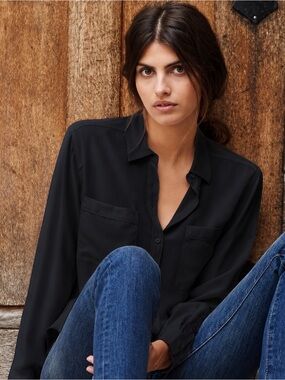 Sezane silk button down blouse in Black